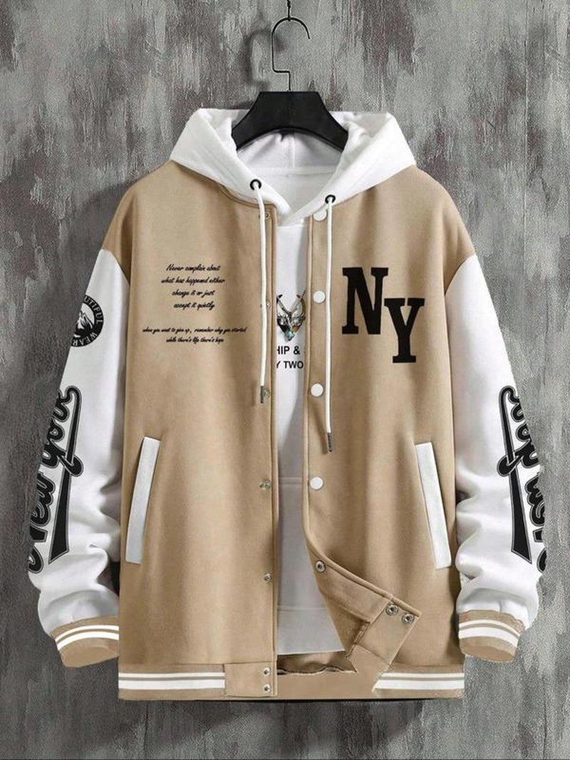 Men'S Letter Print Baseball Collar Bomber Jacket, Loose Casual Sporty Long Sleeve Varsity Jacket for Fall & Winter, Men'S Outerwear for Daily Wear