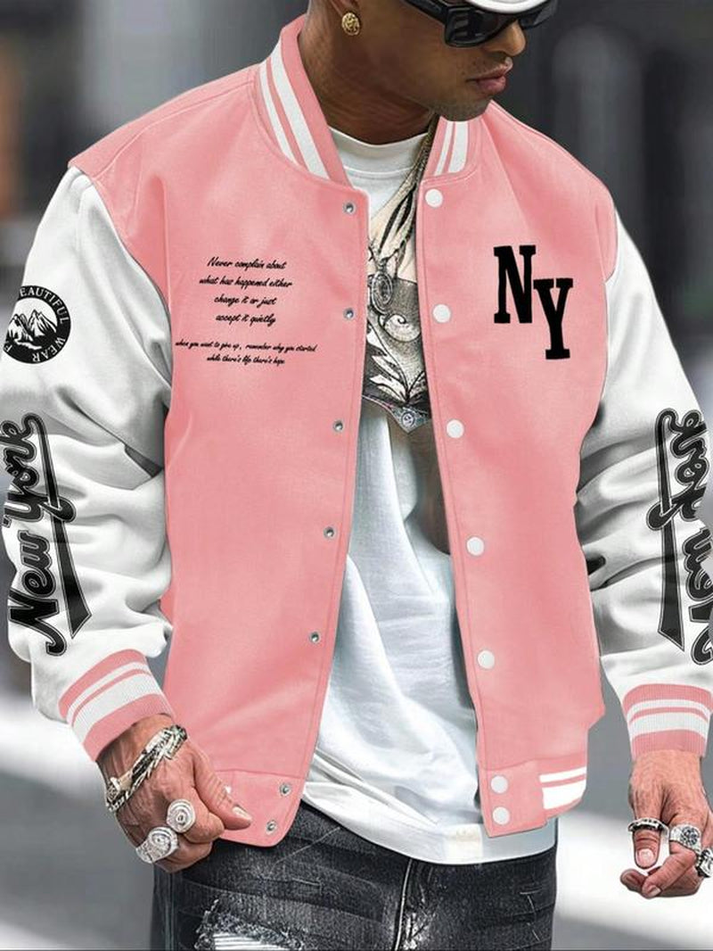 Men'S Letter Print Baseball Collar Bomber Jacket, Loose Casual Sporty Long Sleeve Varsity Jacket for Fall & Winter, Men'S Outerwear for Daily Wear