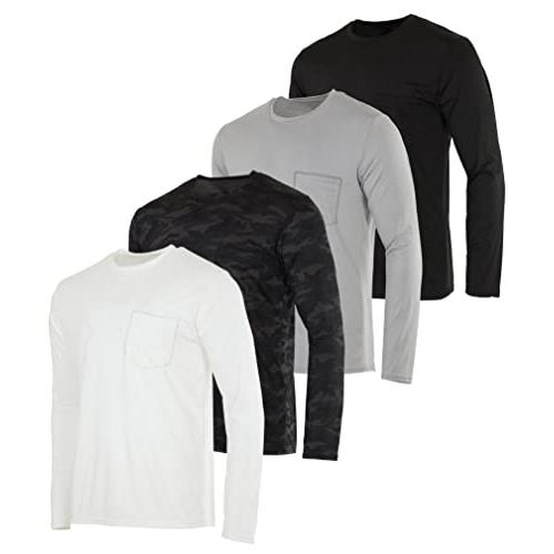 Real Essentials 4 Pack: Men'S Dry-Fit Active Athletic Long Sleeve Pocket Crew T-Shirt Outdoors UPF 50 S-5XLT