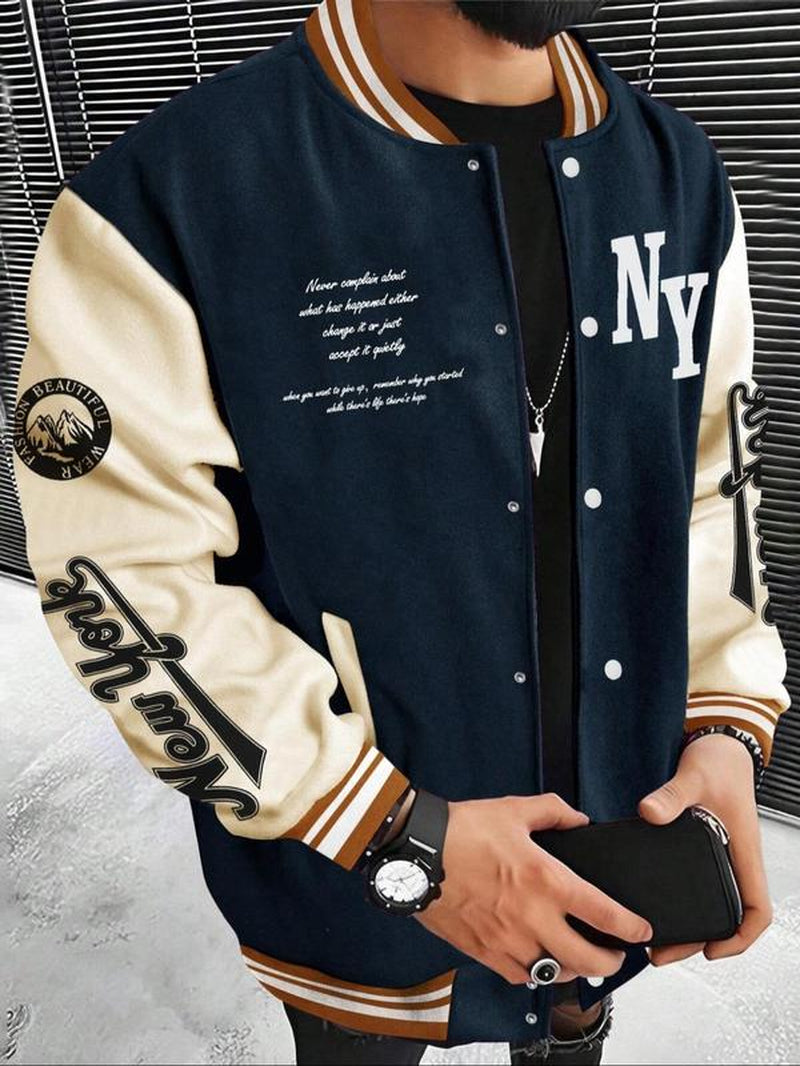 Men'S Letter Print Baseball Collar Bomber Jacket, Loose Casual Sporty Long Sleeve Varsity Jacket for Fall & Winter, Men'S Outerwear for Daily Wear