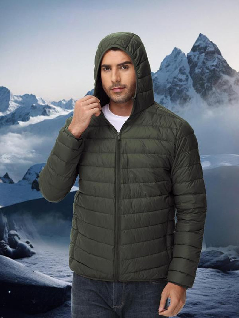 Sporty Men'S Solid Color Zip up Hooded Sports down Jacket, Regular Fit Sports Long Sleeve Pocket Design down Coat Sports Jacket for Fall & Winter, Men'S Sports Outerwear for Outdoor Activities Winter Jacket, Men'S Clothing