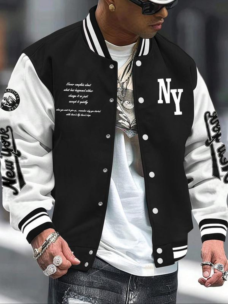Men'S Letter Print Baseball Collar Bomber Jacket, Loose Casual Sporty Long Sleeve Varsity Jacket for Fall & Winter, Men'S Outerwear for Daily Wear
