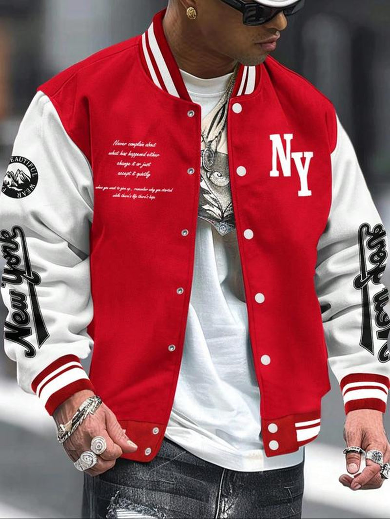 Men'S Letter Print Baseball Collar Bomber Jacket, Loose Casual Sporty Long Sleeve Varsity Jacket for Fall & Winter, Men'S Outerwear for Daily Wear