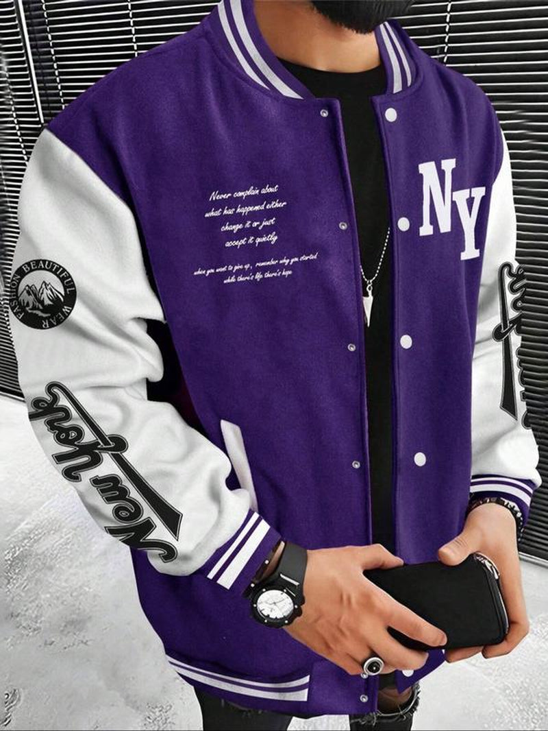 Men'S Letter Print Baseball Collar Bomber Jacket, Loose Casual Sporty Long Sleeve Varsity Jacket for Fall & Winter, Men'S Outerwear for Daily Wear