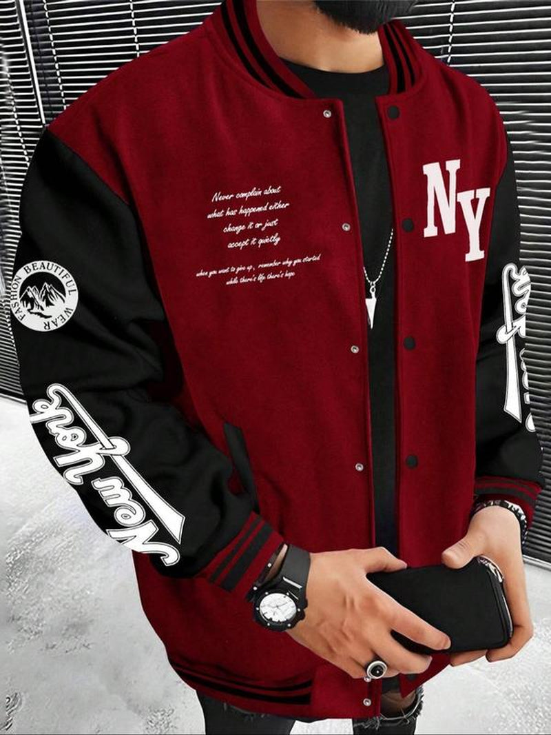 Men'S Letter Print Baseball Collar Bomber Jacket, Loose Casual Sporty Long Sleeve Varsity Jacket for Fall & Winter, Men'S Outerwear for Daily Wear