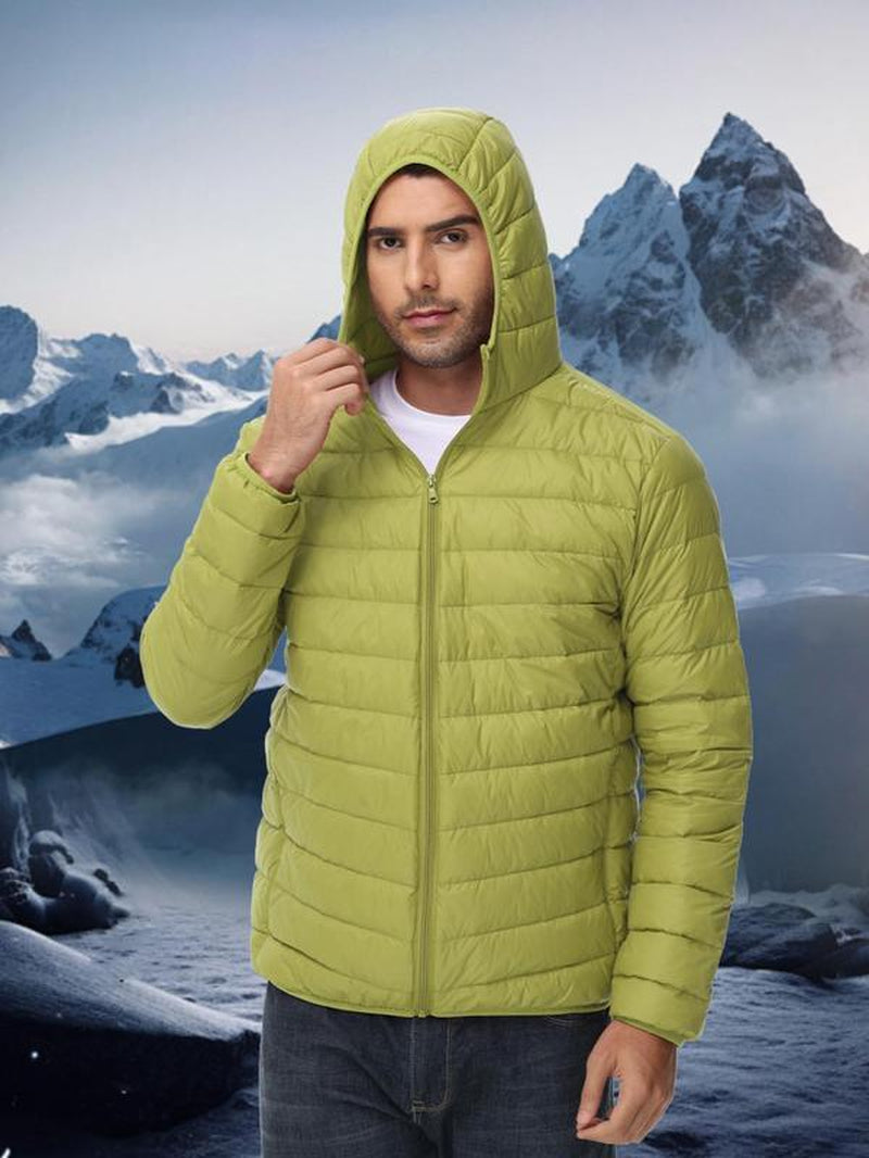 Sporty Men'S Solid Color Zip up Hooded Sports down Jacket, Regular Fit Sports Long Sleeve Pocket Design down Coat Sports Jacket for Fall & Winter, Men'S Sports Outerwear for Outdoor Activities Winter Jacket, Men'S Clothing