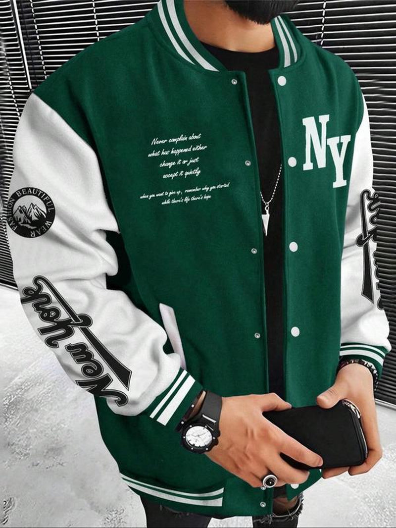 Men'S Letter Print Baseball Collar Bomber Jacket, Loose Casual Sporty Long Sleeve Varsity Jacket for Fall & Winter, Men'S Outerwear for Daily Wear